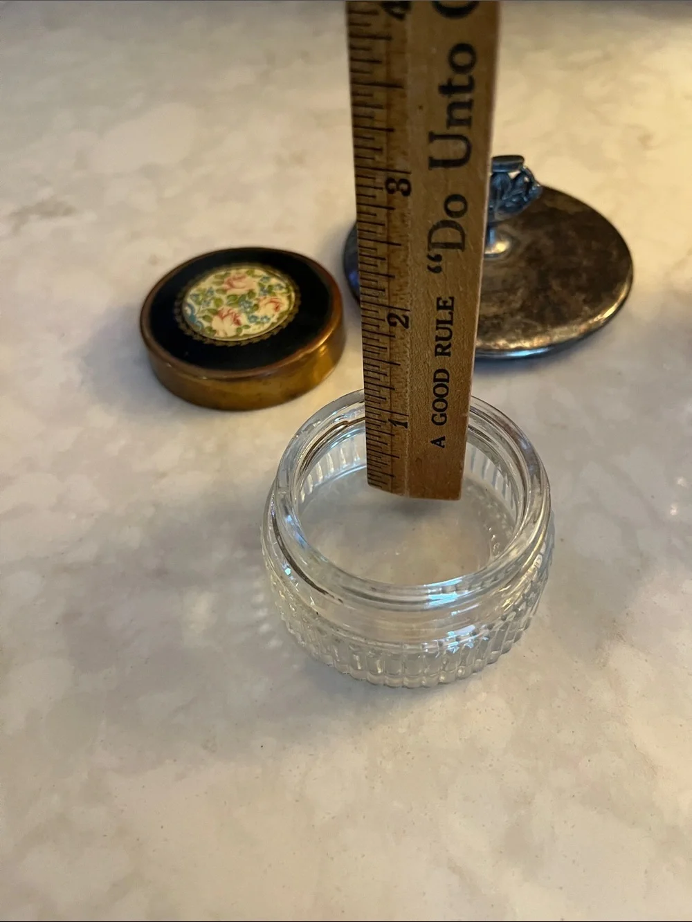 Vintage cut crystal and ornate silver plate lid vanity jar and small floral jar